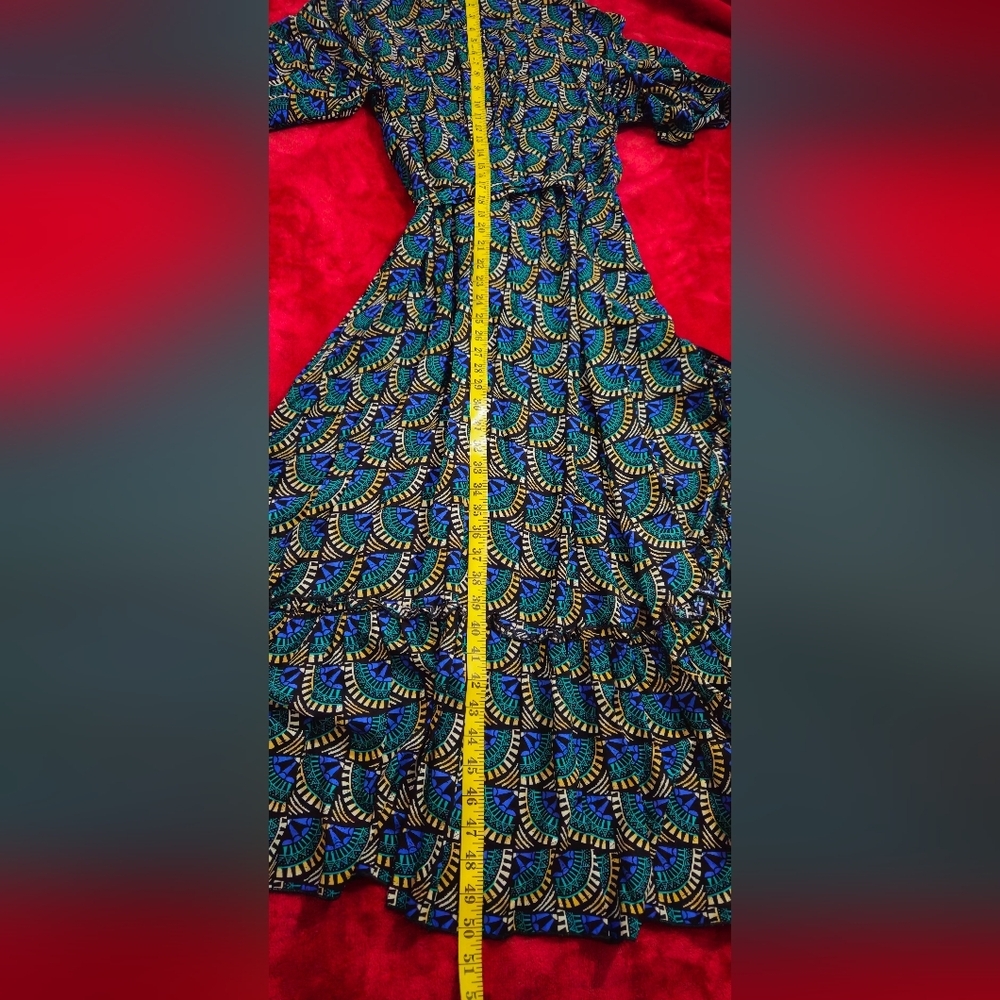 Silk & Salt Elegant Wrap Midi Dress In Peacock Inspired Colors -Size Medium - Picture 6 of 6